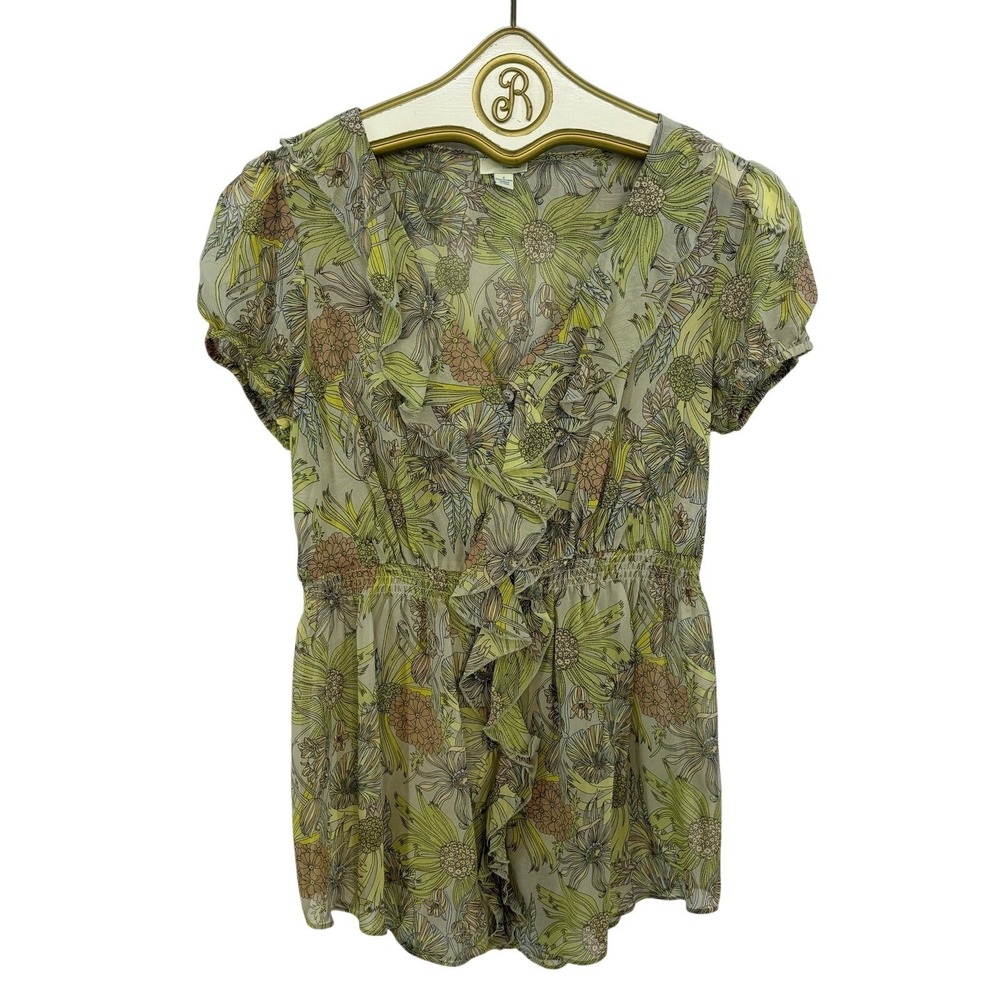Odille Anthropologie Silk Floral Ruffle Blouse Womens Size 2 Green Boho Feminine